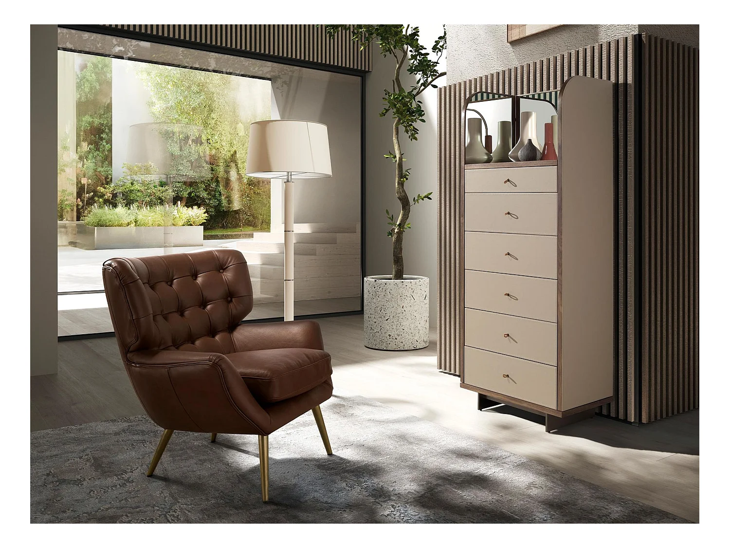 Chifonier Leder, Nussbaum und polierter Stahl mit Spiegel 7206 ANGEL CERDA