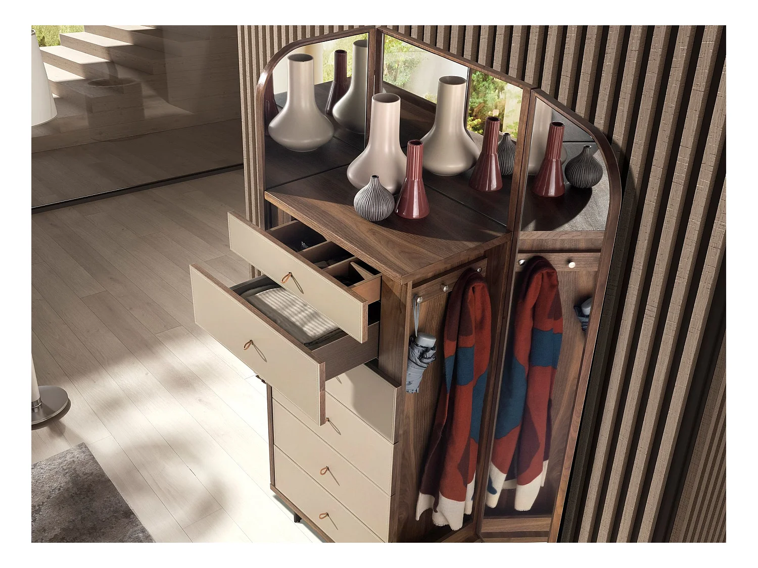 Chifonier Leder, Nussbaum und polierter Stahl mit Spiegel 7206 ANGEL CERDA