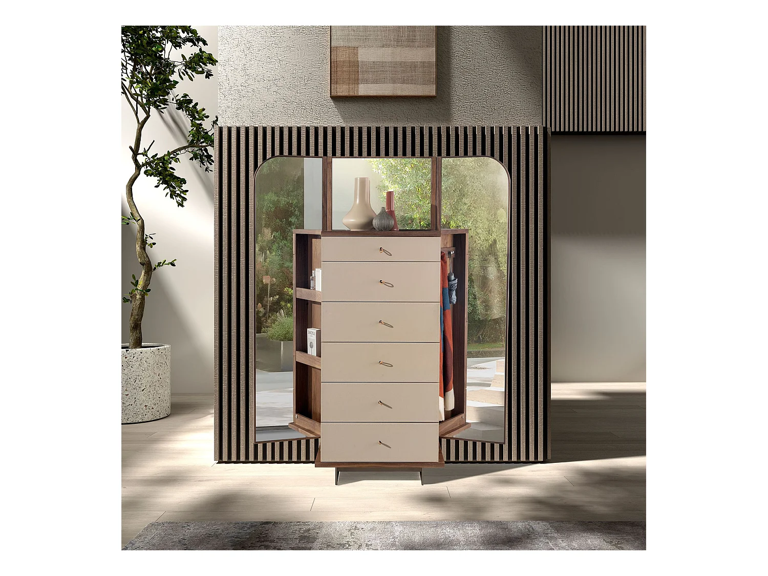 Chifonier Leder, Nussbaum und polierter Stahl mit Spiegel 7206 ANGEL CERDA