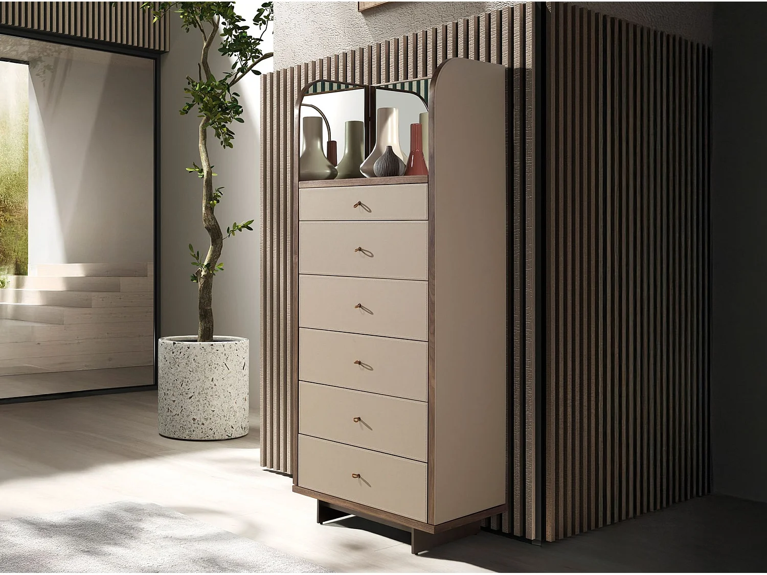 Kommode aus Kunstleder, Nussbaum und poliertem Stahl mit Spiegel 7206 ANGEL CERDA