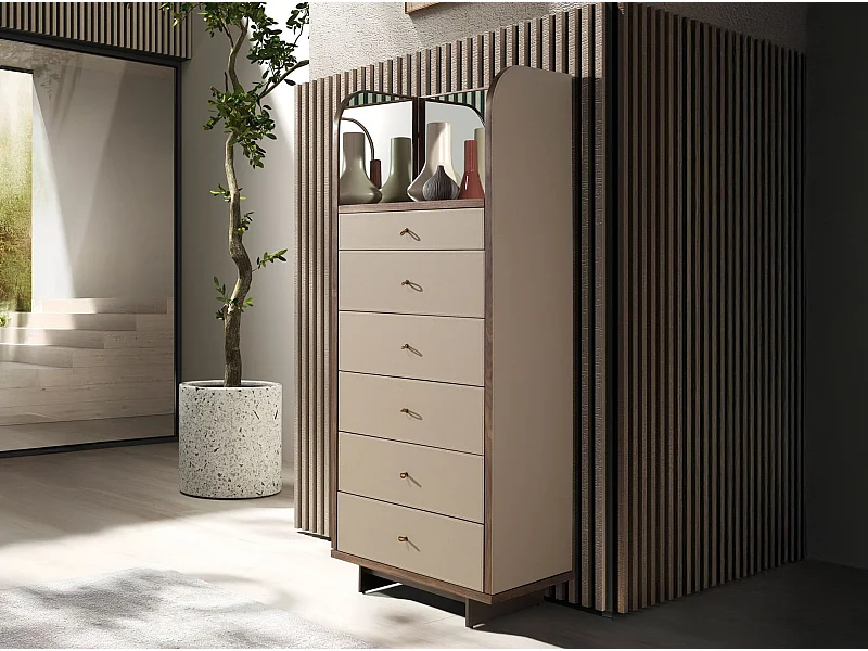 Kommode aus Kunstleder, Nussbaum und poliertem Stahl mit Spiegel 7206 ANGEL CERDA
