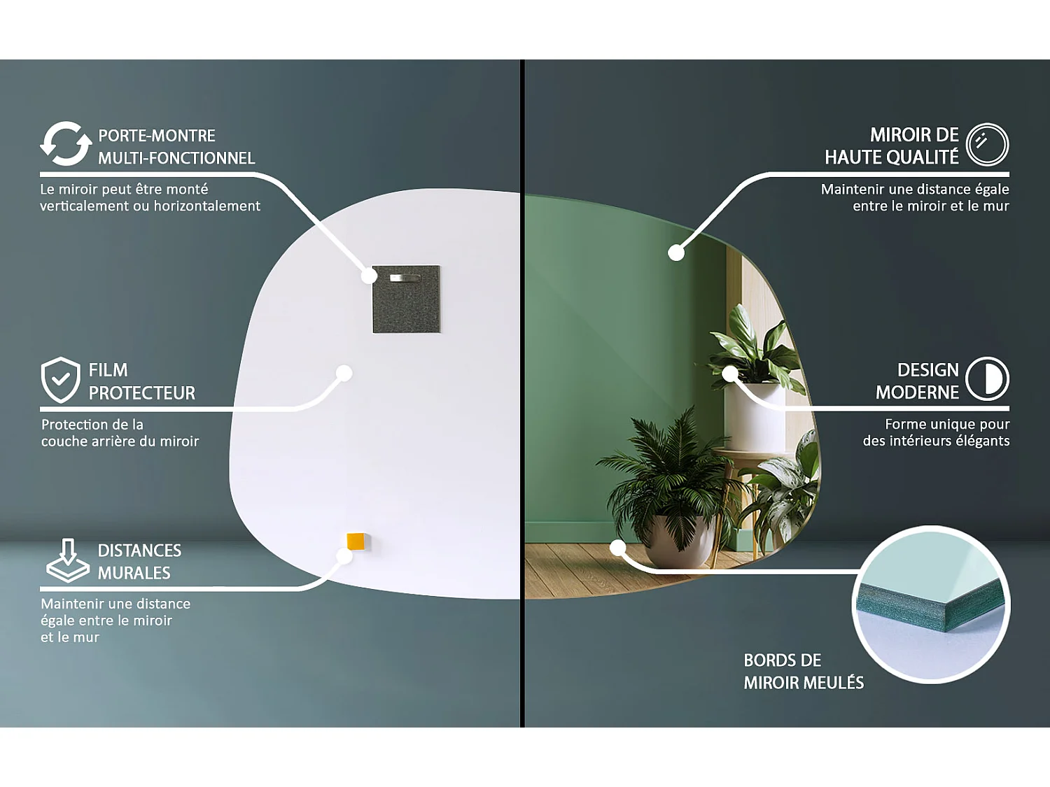 Weißer Spiegel im originellen Design, Eleganter unregelmäßiger Wandspiegel für Wohnzimmer oder Flur, 78x57 cm, Tulup