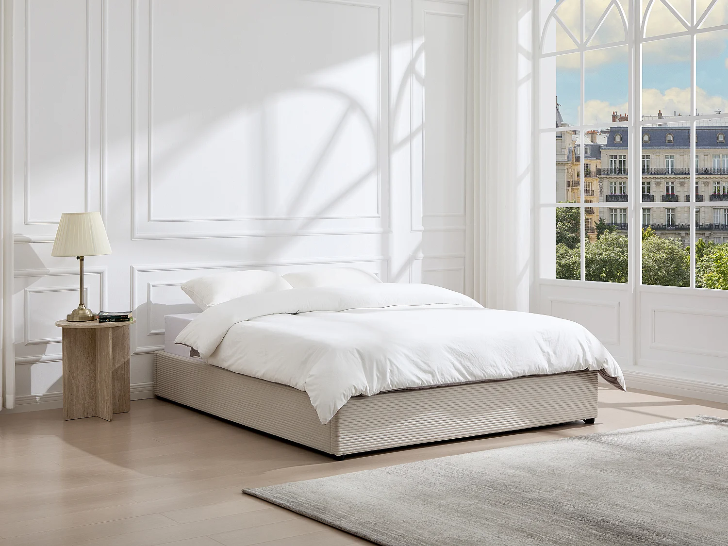 Sommier coffre 140 x 190 cm en velours côtelé - Beige - FIRMEO de YSMÉE