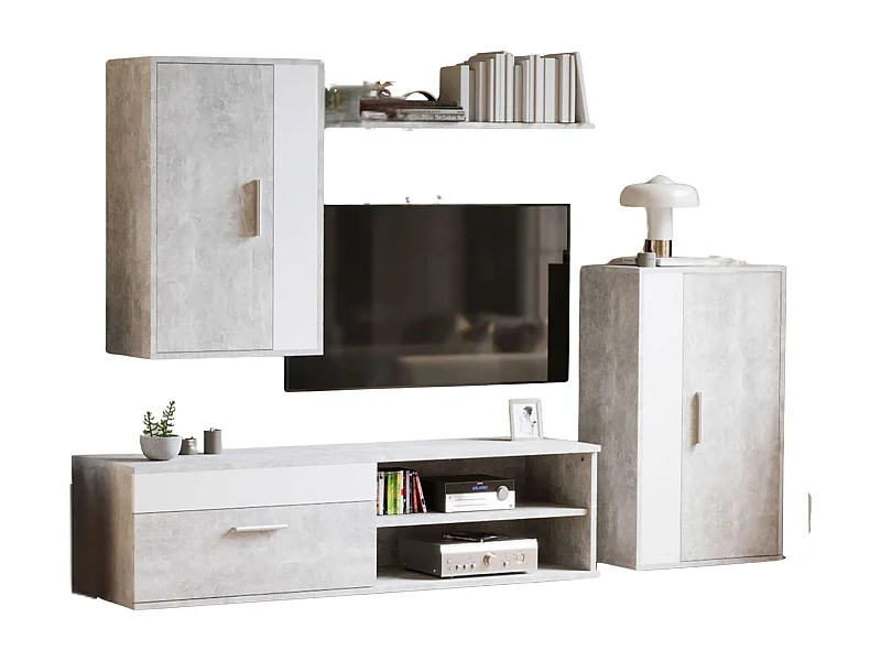 Módulos Kolm para Sala de Estar e Sala de Jantar para TV Industrial Cimento/Branco 3 Portas 2 Prateleiras