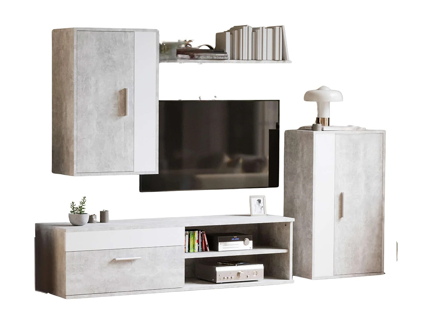 Modules de salon et de salle à manger Kolm pour TV industrielle Ciment/Blanc 3 portes 2 étagères