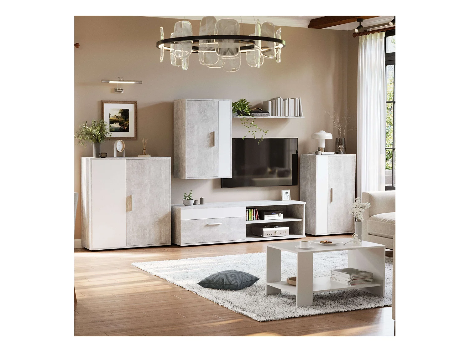 Modules de salon et de salle à manger Kolm pour TV industrielle Ciment/Blanc 3 portes 2 étagères