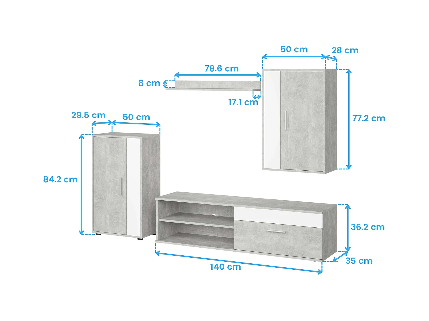 Modules de salon et de salle à manger Kolm pour TV industrielle Ciment/Blanc 3 portes 2 étagères
