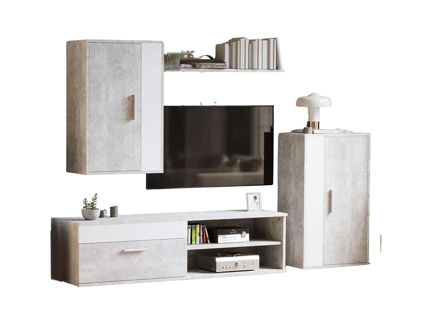 Módulos Salón Comedor Kolm para TV Industrial Cemento/Blanco 3 Puertas 2 Estantes