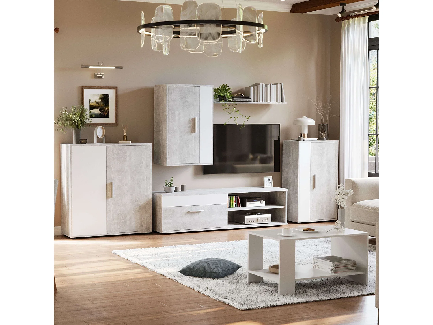 Modules de salon et de salle à manger Kolm pour TV industrielle Ciment/Blanc 3 portes 2 étagères
