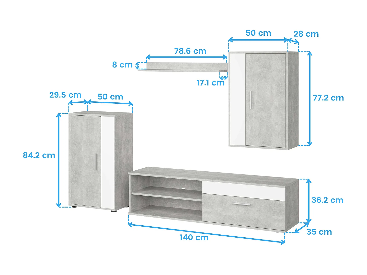 Modules de salon et de salle à manger Kolm pour TV industrielle Ciment/Blanc 3 portes 2 étagères