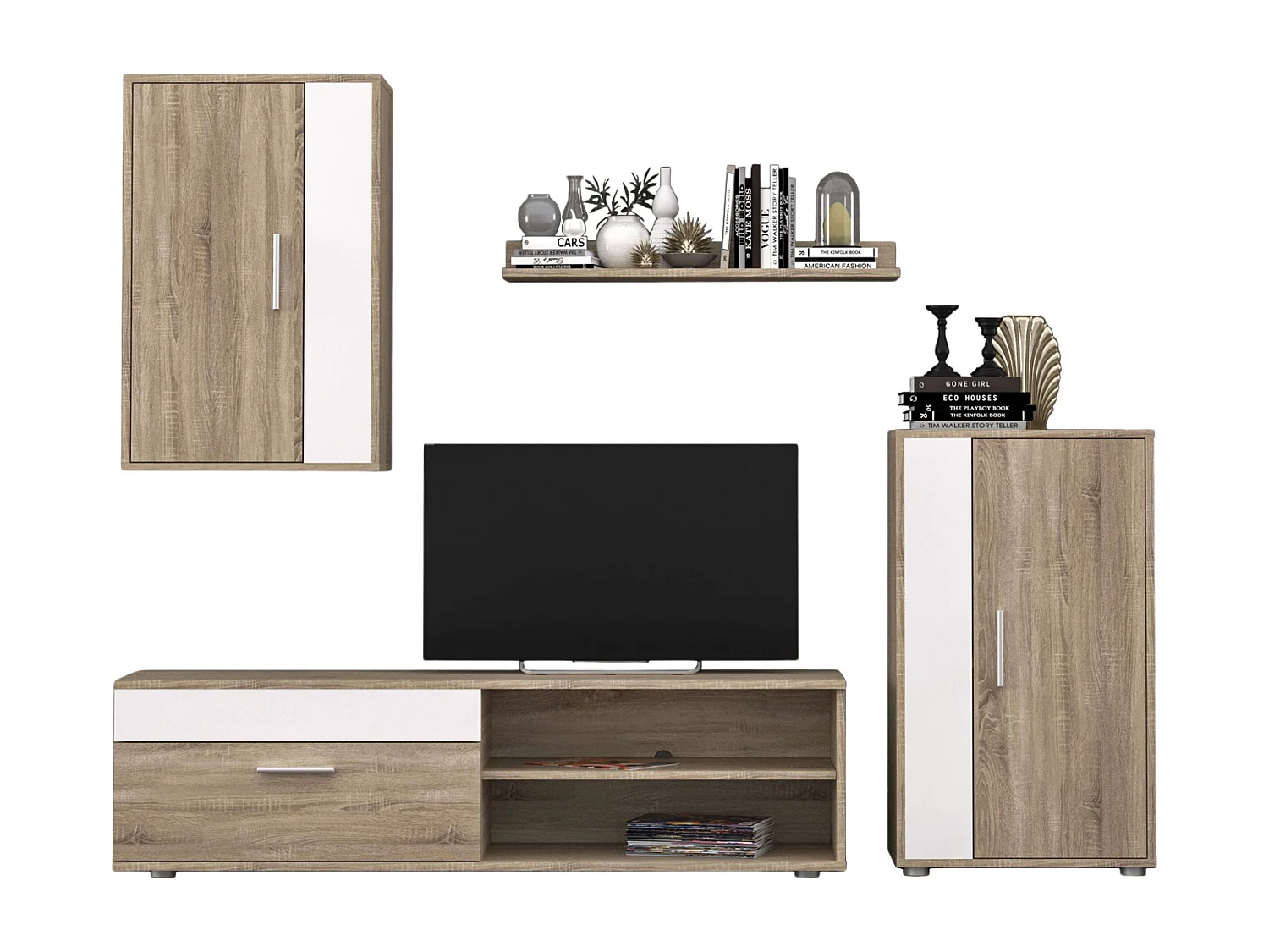 Meubles TV Kolm Nordic pour salon et salle à manger, chêne Sonoma/blanc, 3 portes et 2 étagères