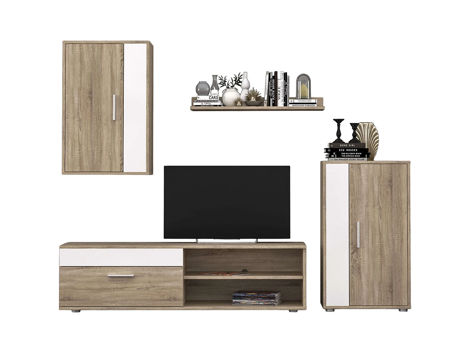 Móveis de TV para sala de estar e sala de jantar Kolm Nordic em carvalho Sonoma/branco com 3 portas e 2 prateleiras