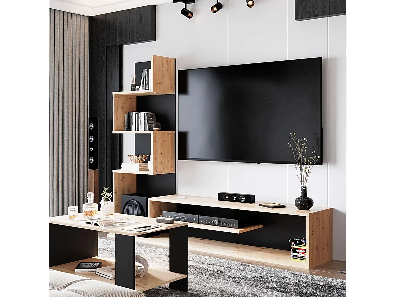 Móvel de TV Snake Estilo Industrial Carvalho Artesanal/Preto 4 Prateleiras 160x130x29 cm