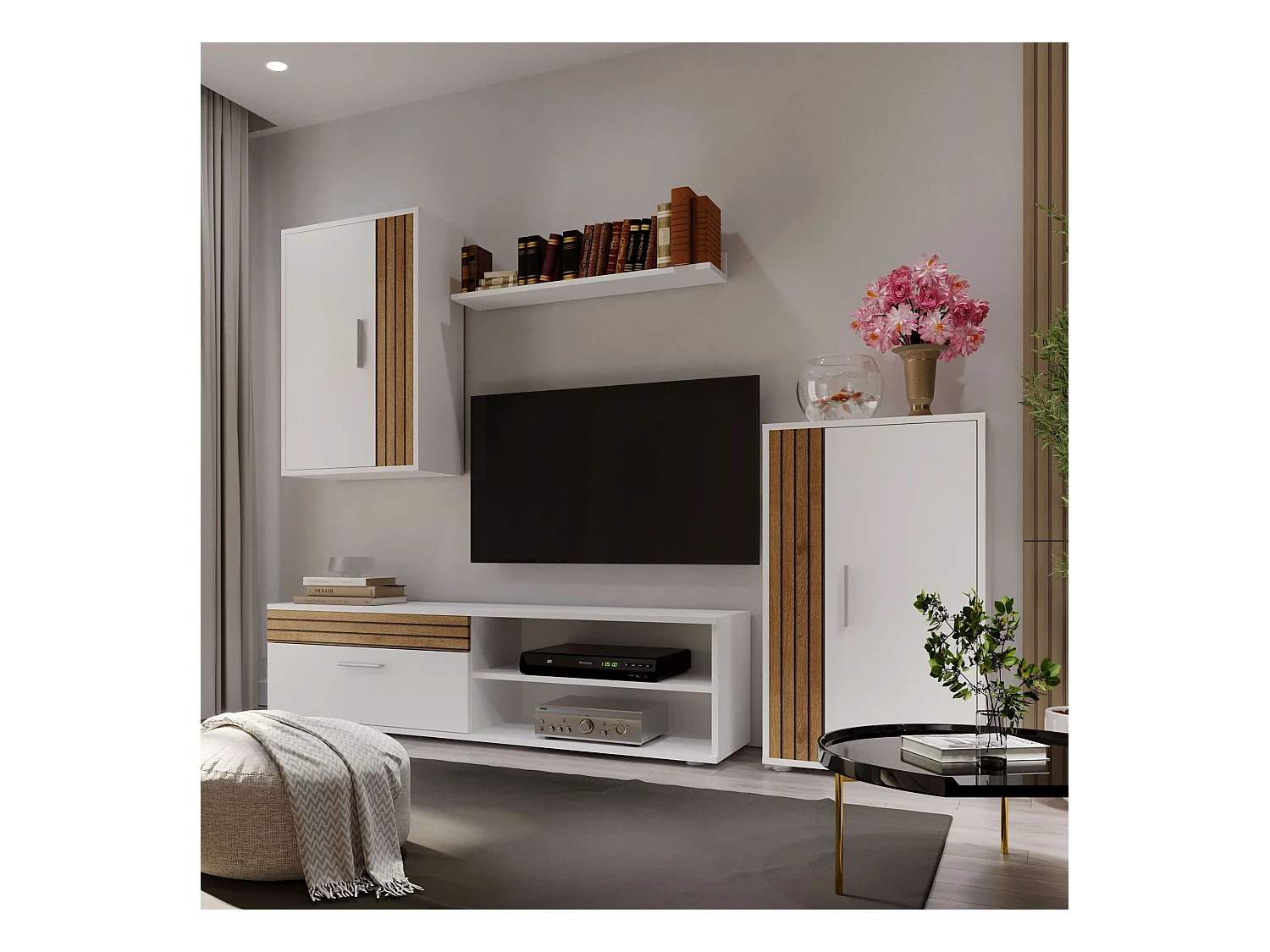 Meubles TV de salon et de salle à manger de style nordique Kolm en chêne et blanc