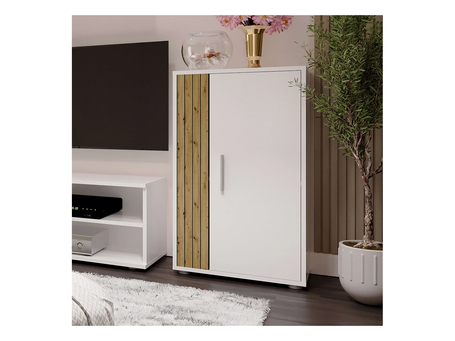 Meubles TV de salon et de salle à manger de style nordique Kolm en chêne et blanc