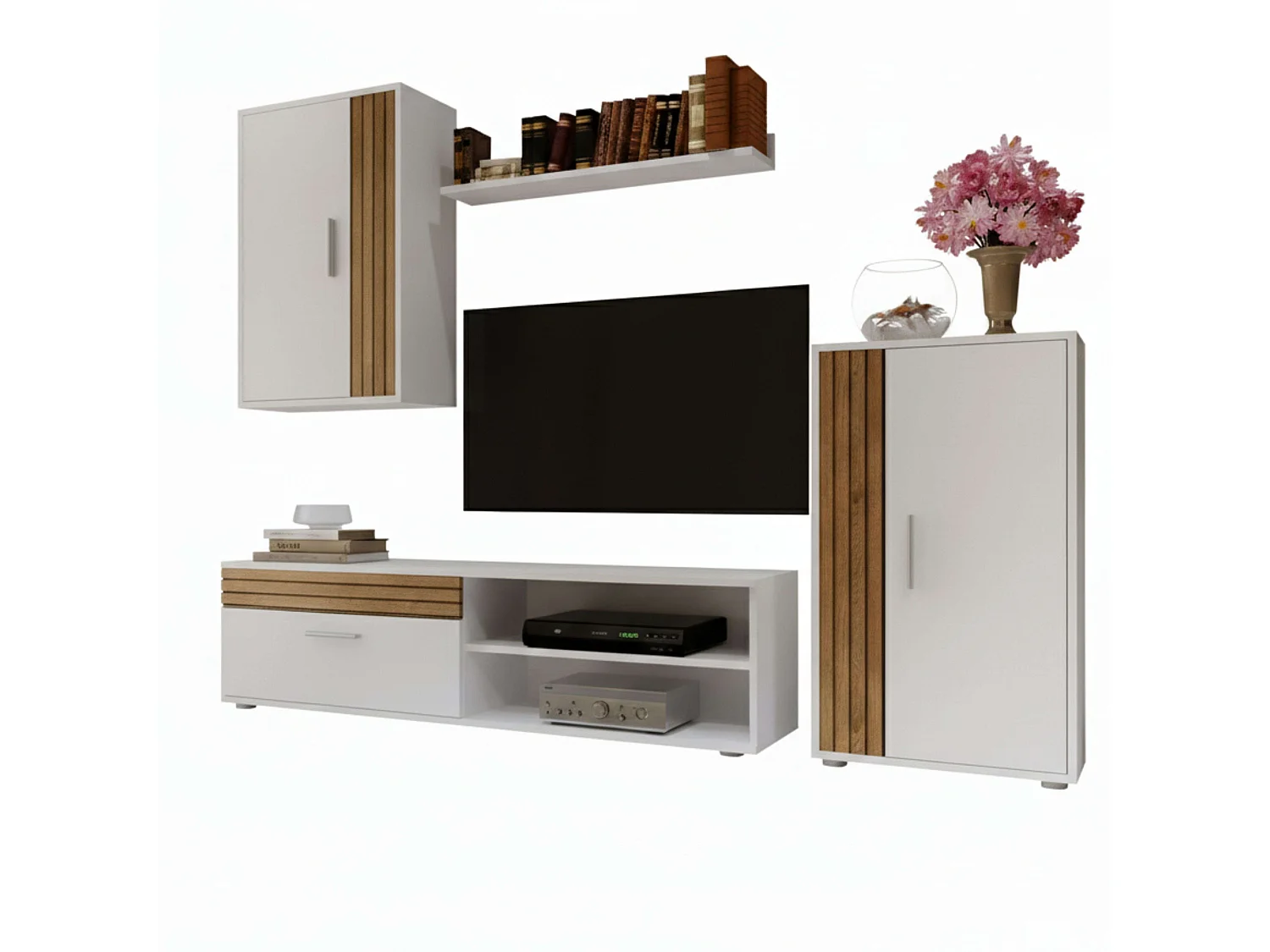 Móveis de TV para sala de estar e sala de jantar em estilo nórdico Kolm em carvalho e branco