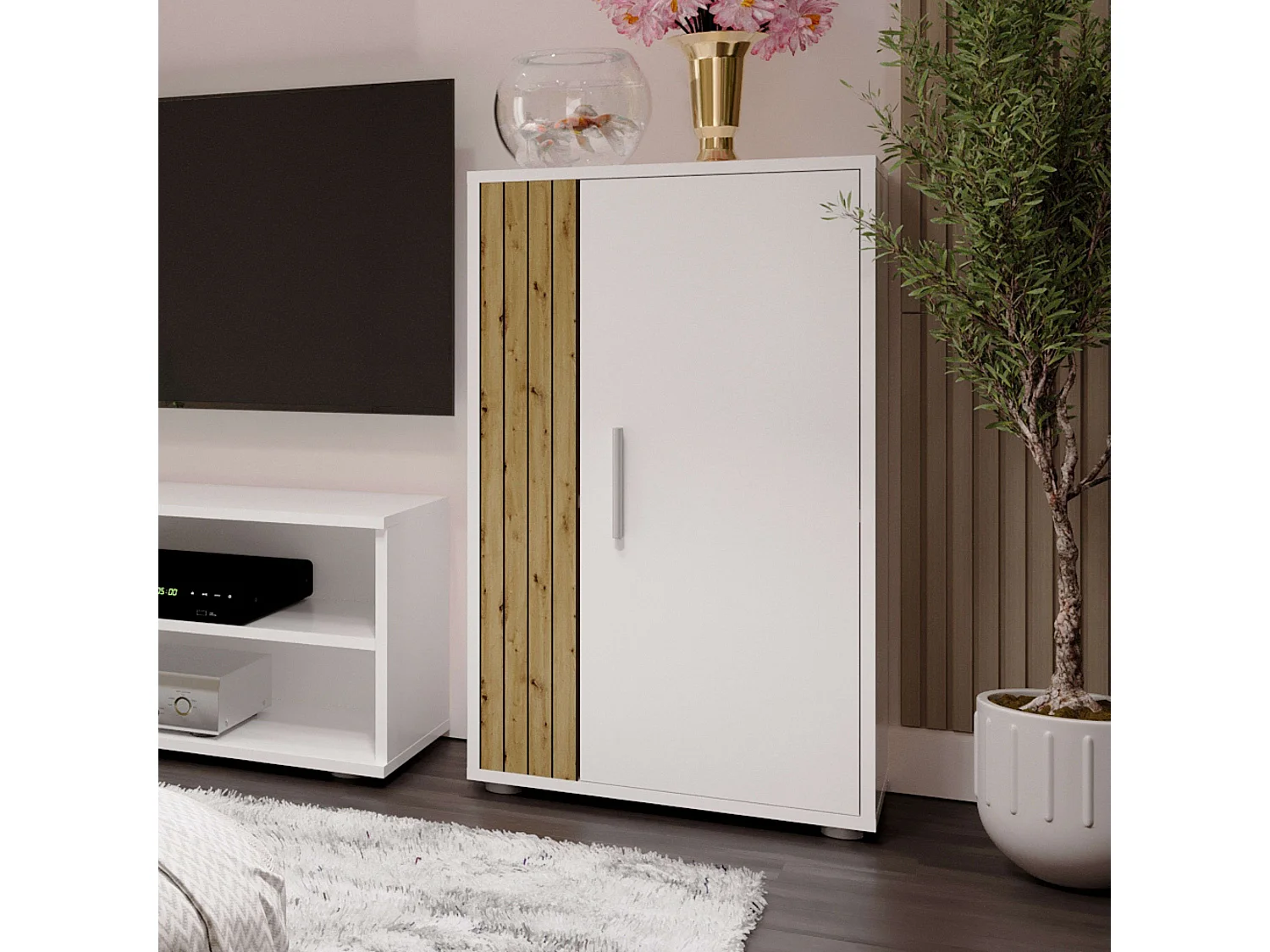 Móveis de TV para sala de estar e sala de jantar em estilo nórdico Kolm em carvalho e branco