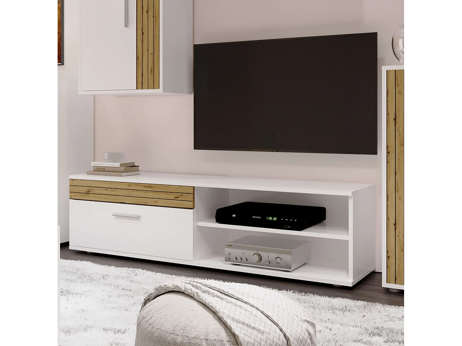 Meubles TV de salon et de salle à manger de style nordique Kolm en chêne et blanc