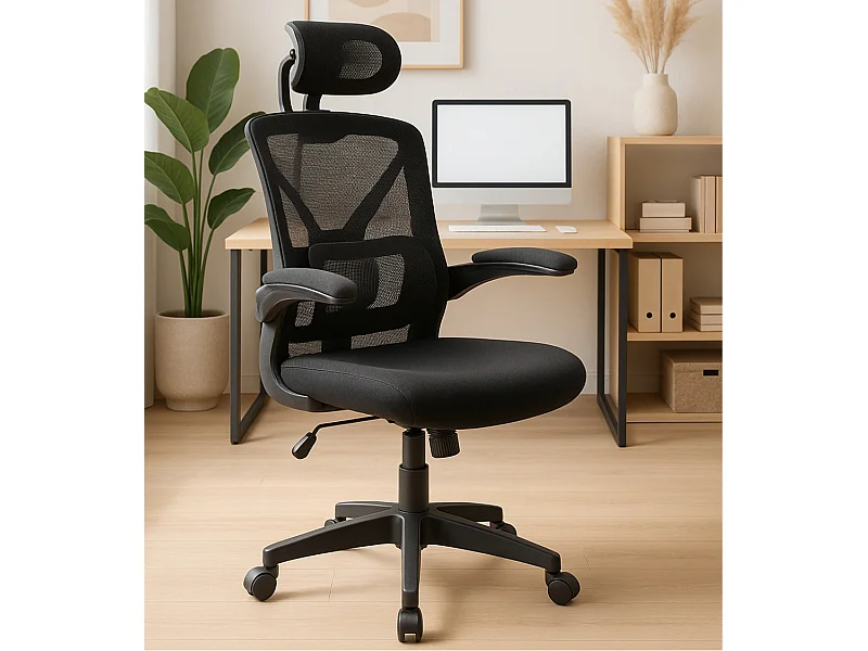 Silla de oficina de 114-124x65x55 cm de tela con refuerzo lumbar maxi en color negro Aron