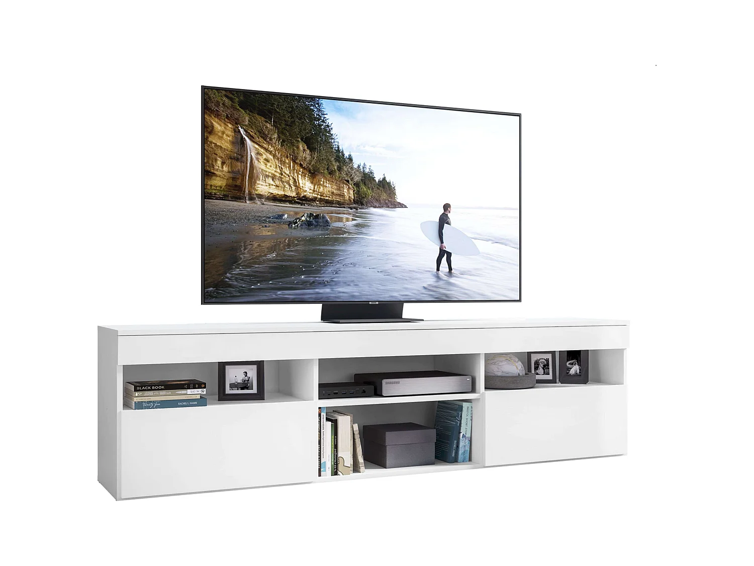 Meuble TV Oshi Salon 2 Portes 4 Étagères Blanc 175x48x35 cm