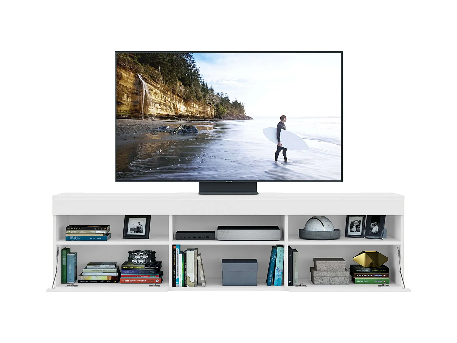 Meuble TV Oshi Salon 2 Portes 4 Étagères Blanc 175x48x35 cm