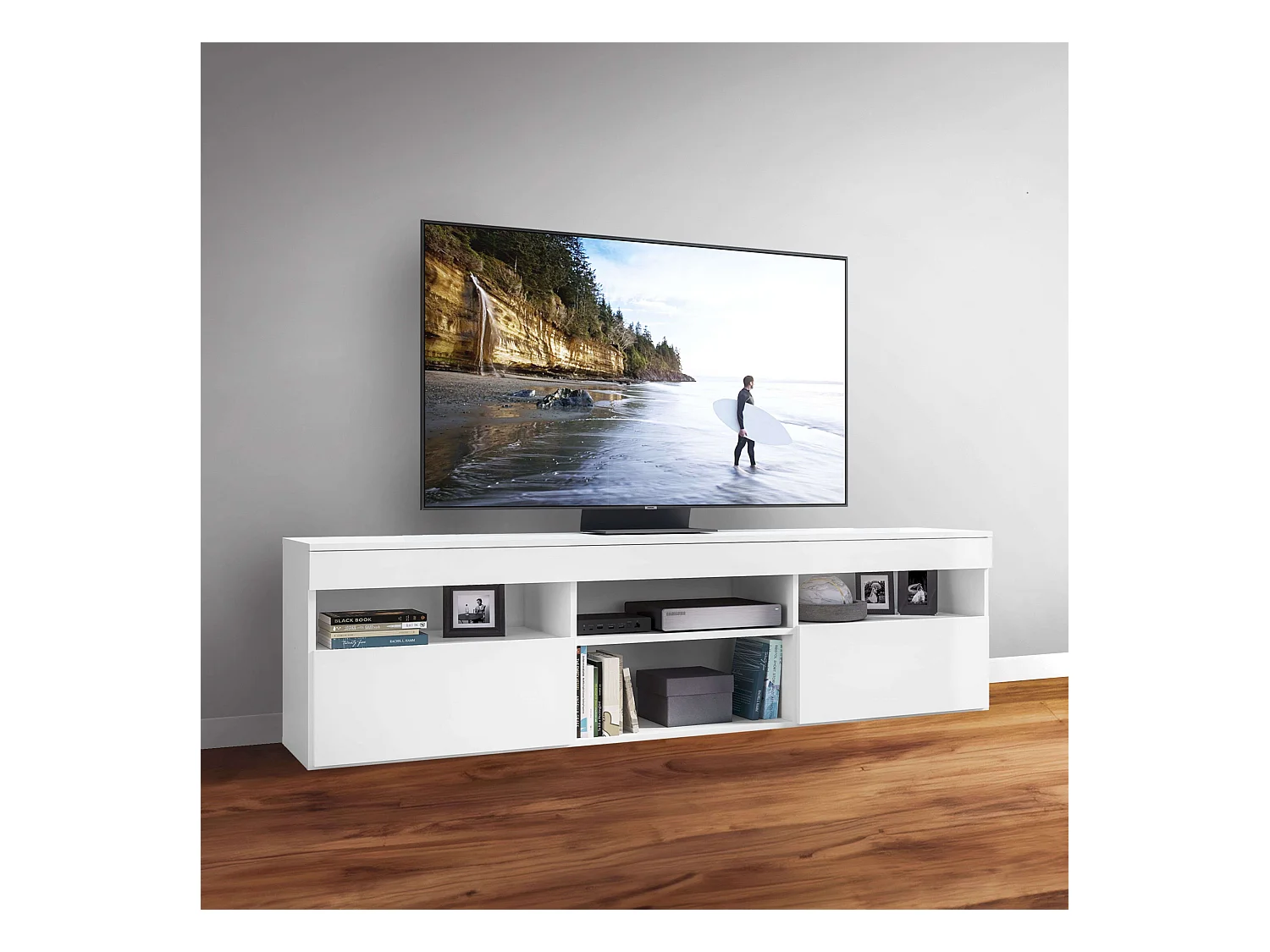 Meuble TV Oshi Salon 2 Portes 4 Étagères Blanc 175x48x35 cm