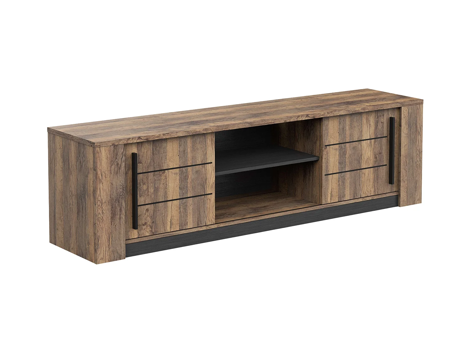 Meuble TV de salon Monaco avec portes coulissantes, chêne et noir, 185 cm