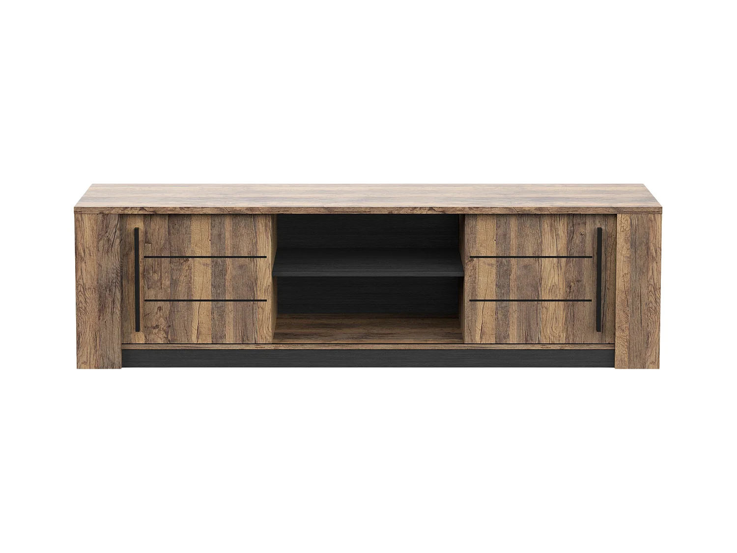 Meuble TV de salon Monaco avec portes coulissantes, chêne et noir, 185 cm