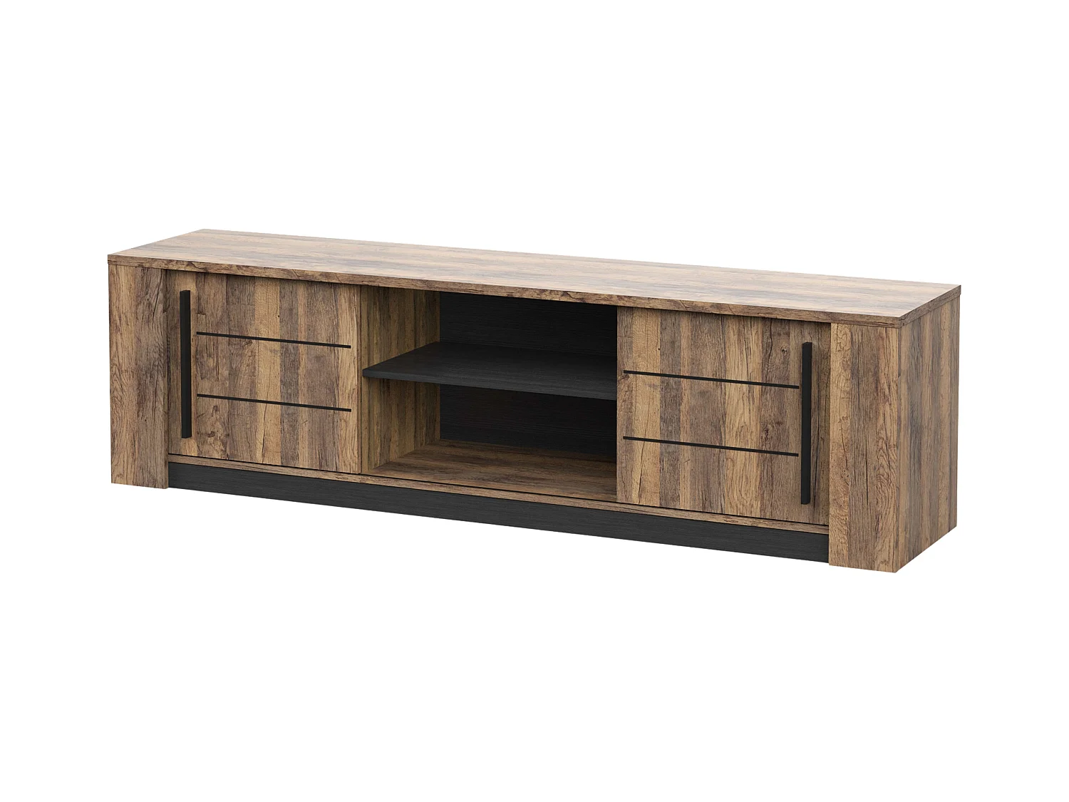 Meuble TV de salon Monaco avec portes coulissantes, chêne et noir, 185 cm