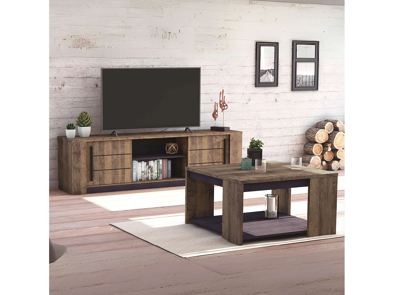 Mueble TV Salón Mónaco Puertas Correderas Roble Saloon y Negro 185 cm