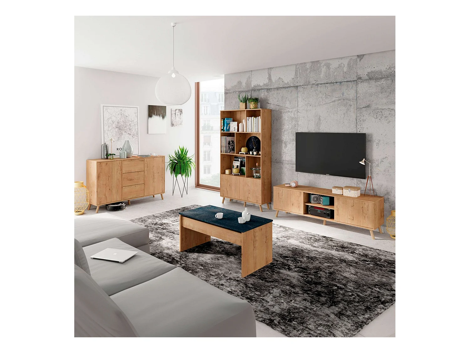 Muebles Oslo: Mueble TV + Aparador + Librería + Mesa Centro Roble Gold