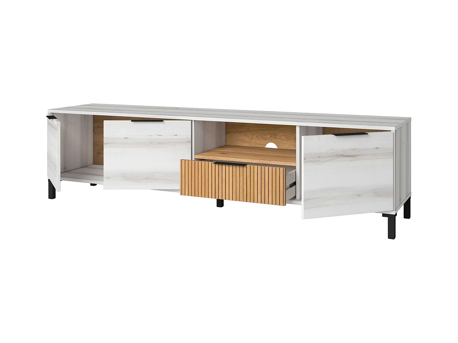 Móvel TV Nordic Tokyo Branco Albo Carvalho Listrado 3 Portas 2 Gavetas 178 cm