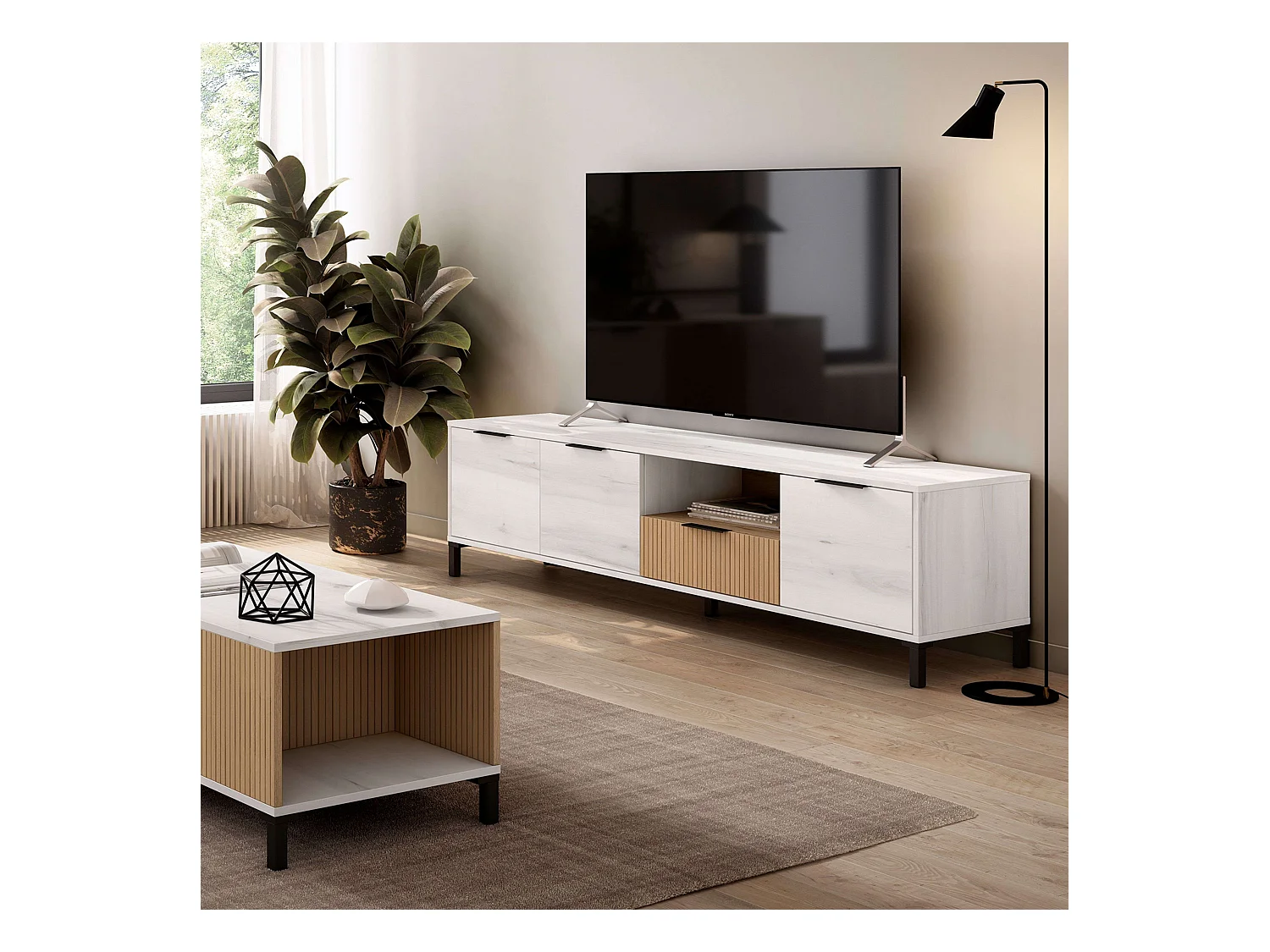 Móvel TV Nordic Tokyo Branco Albo Carvalho Listrado 3 Portas 2 Gavetas 178 cm