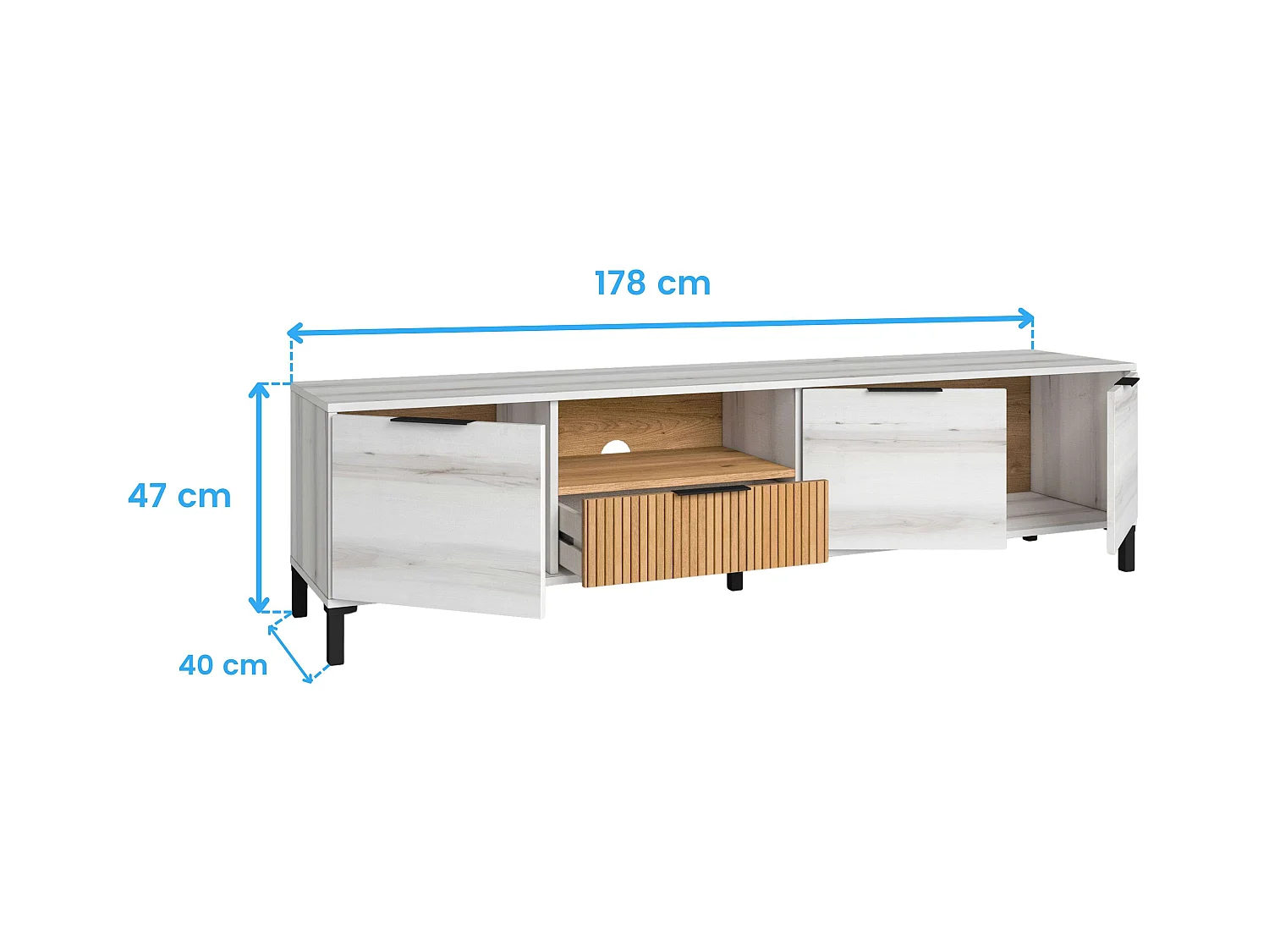 Móvel TV Nordic Tokyo Branco Albo Carvalho Listrado 3 Portas 2 Gavetas 178 cm