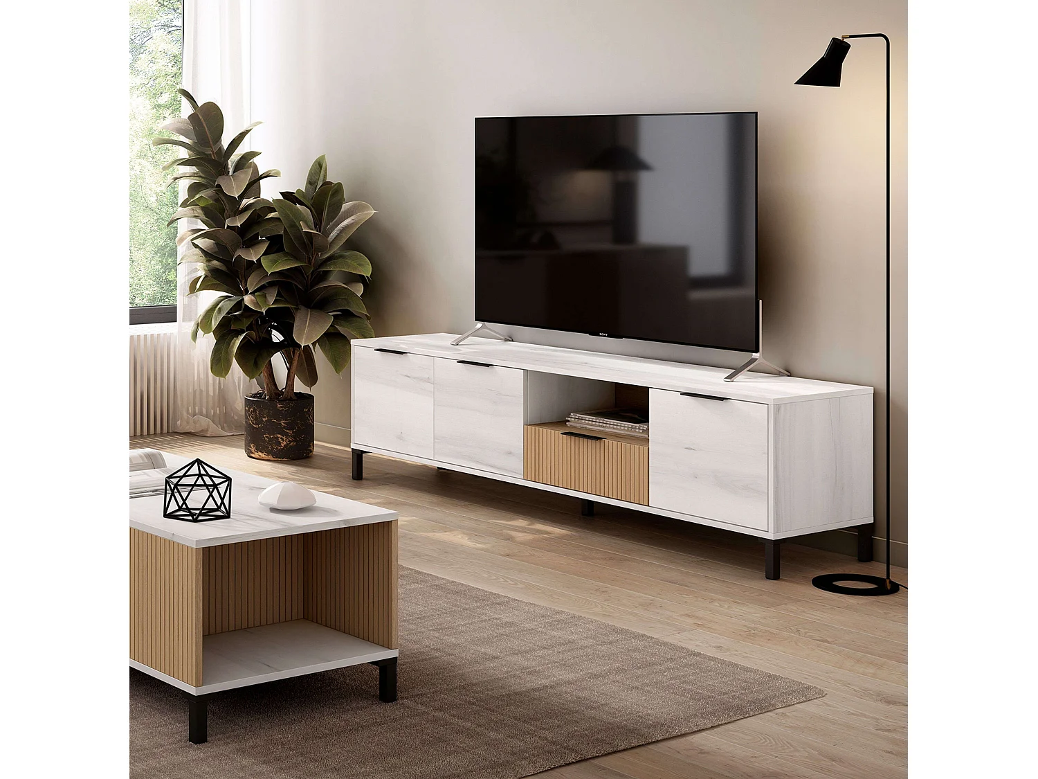 Móvel TV Nordic Tokyo Branco Albo Carvalho Listrado 3 Portas 2 Gavetas 178 cm