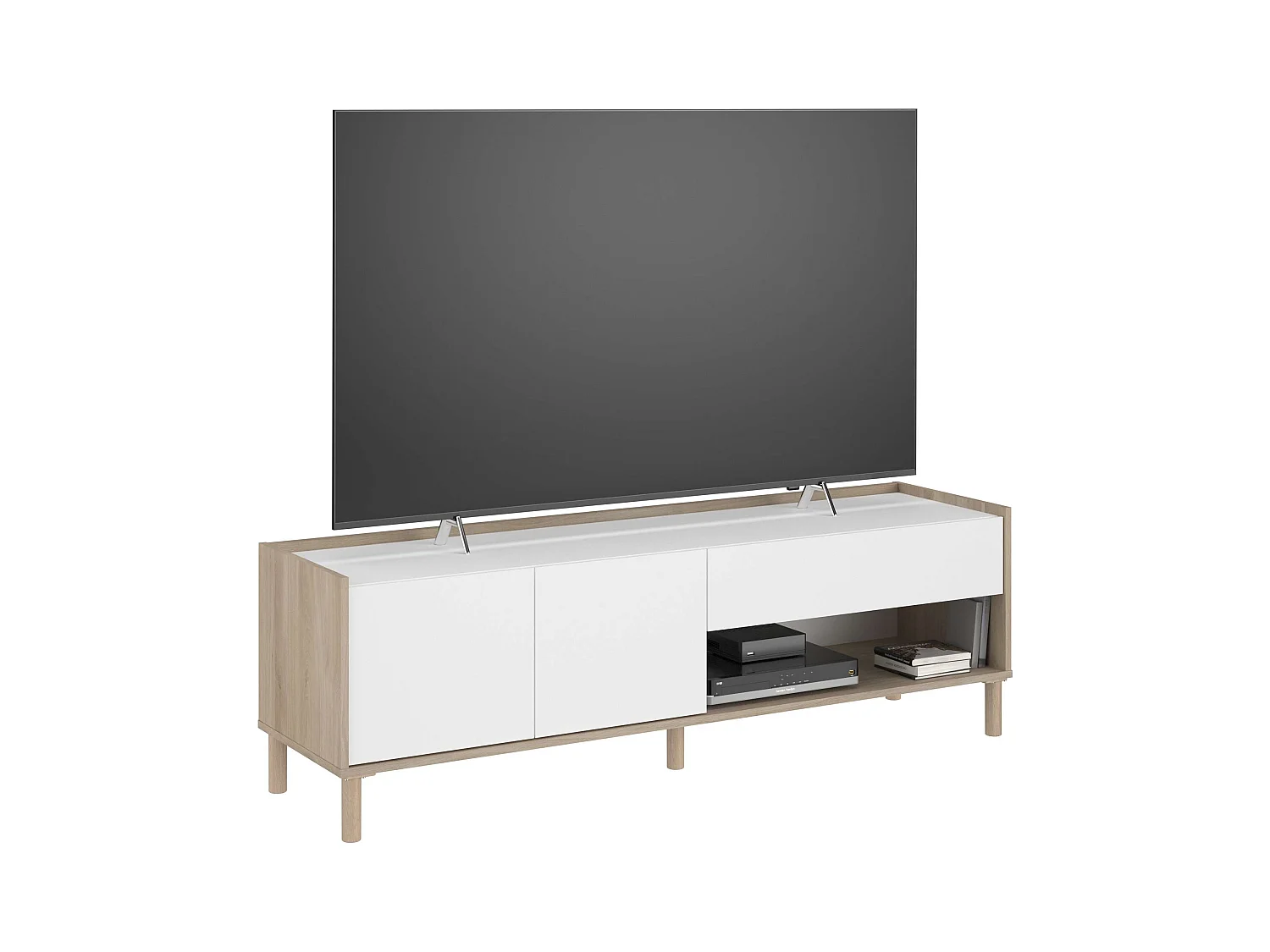 Meuble TV Azzaro avec 2 portes et 1 tiroir, chêne japonais et blanc, 150x47x40 cm