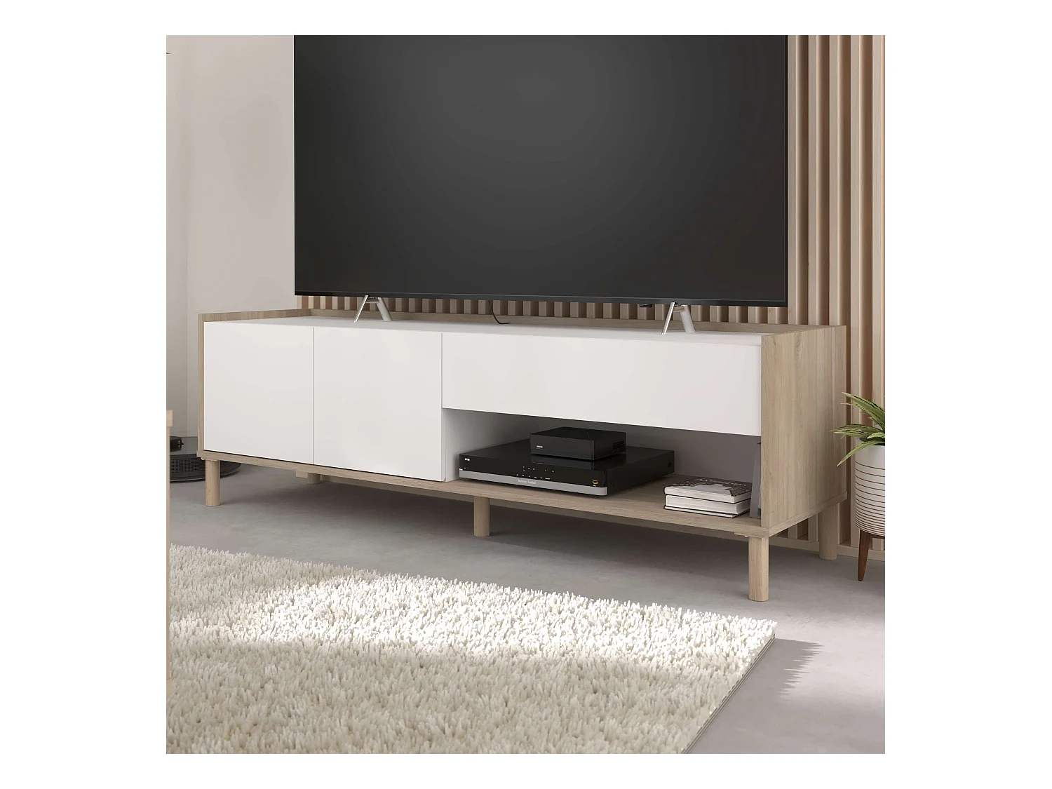 Meuble TV Azzaro avec 2 portes et 1 tiroir, chêne japonais et blanc, 150x47x40 cm