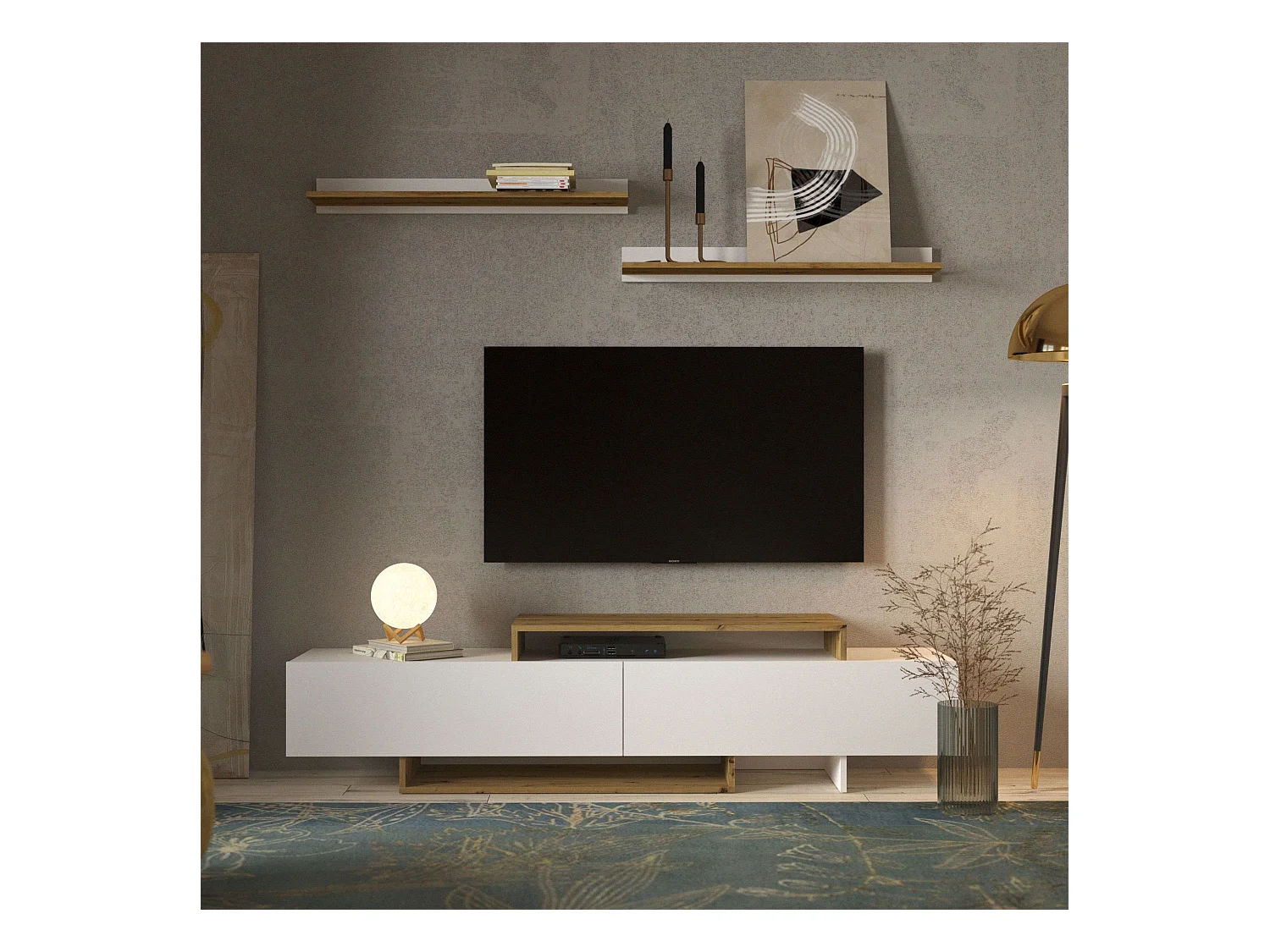 Meuble TV de salon Opole avec 2 portes pliantes, blanc et chêne clair, 180 cm