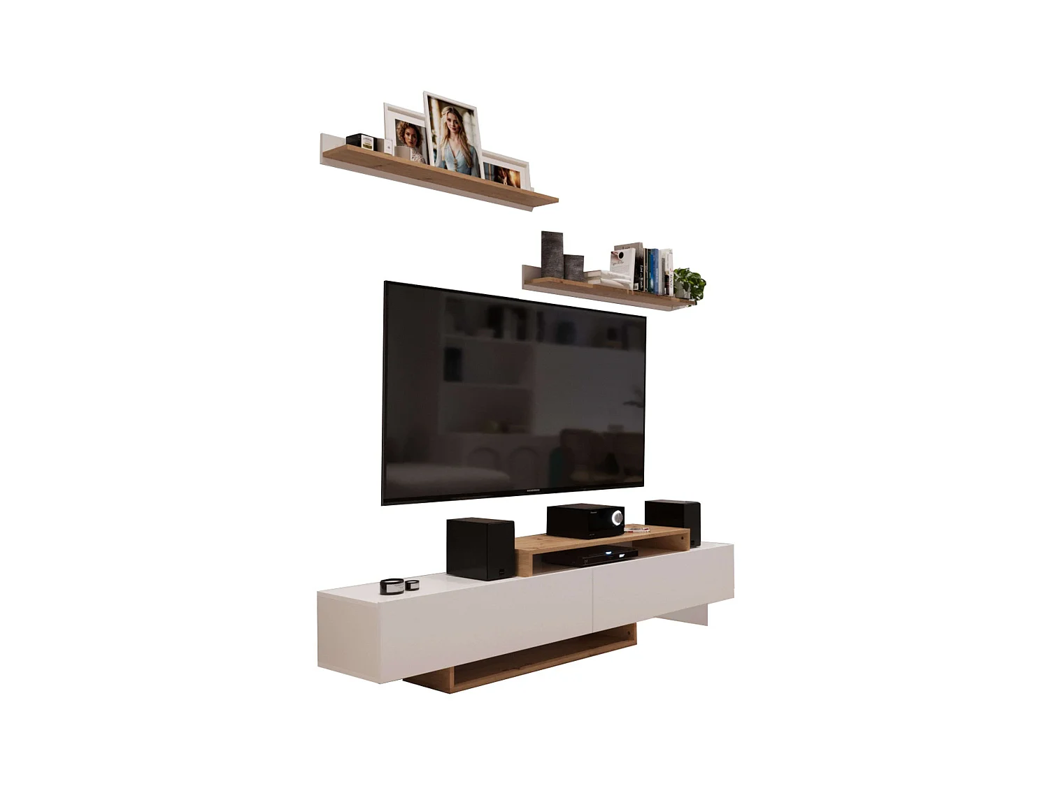 Meuble TV de salon Opole avec 2 portes pliantes, blanc et chêne clair, 180 cm