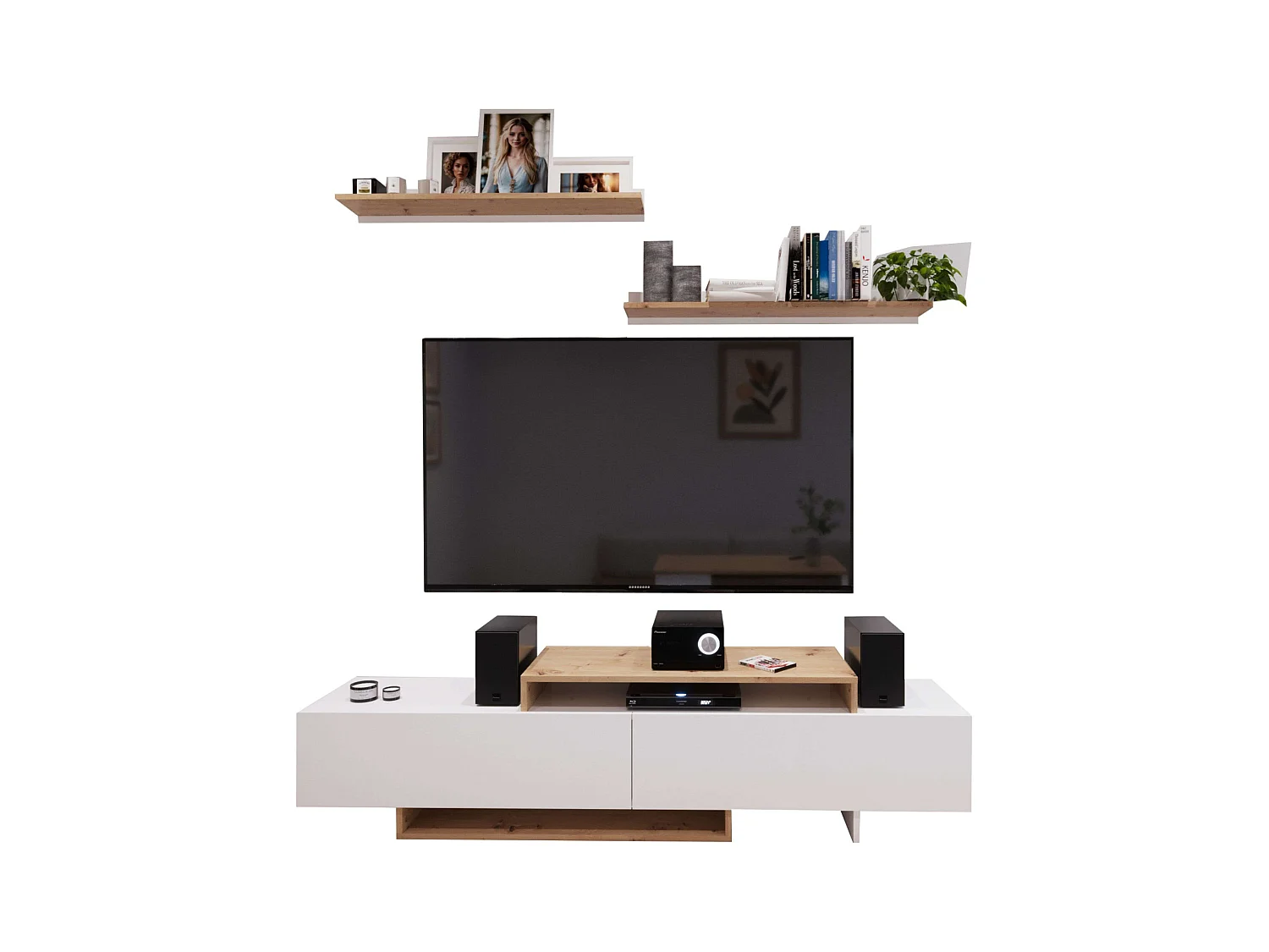 Meuble TV de salon Opole avec 2 portes pliantes, blanc et chêne clair, 180 cm