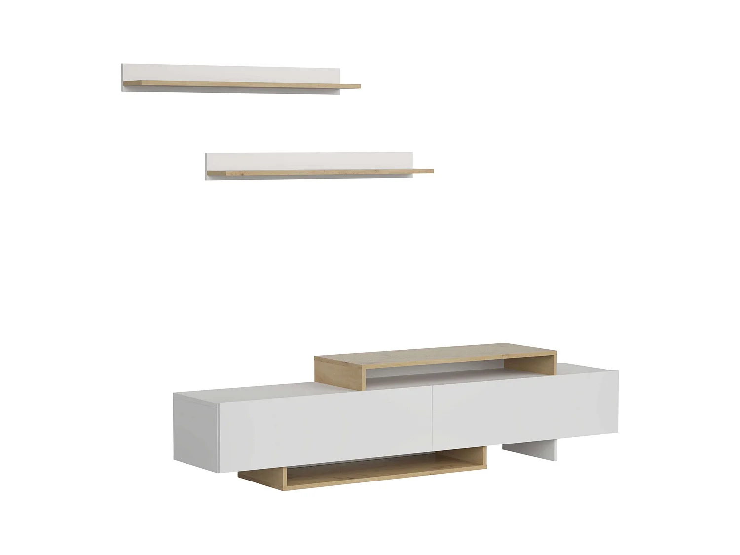 Meuble TV de salon Opole avec 2 portes pliantes, blanc et chêne clair, 180 cm