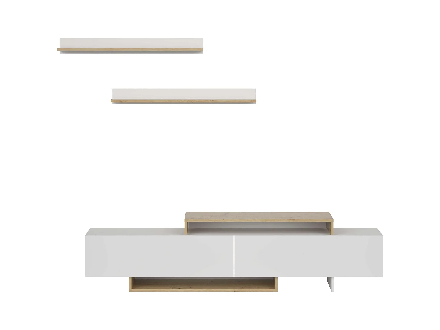 Meuble TV de salon Opole avec 2 portes pliantes, blanc et chêne clair, 180 cm