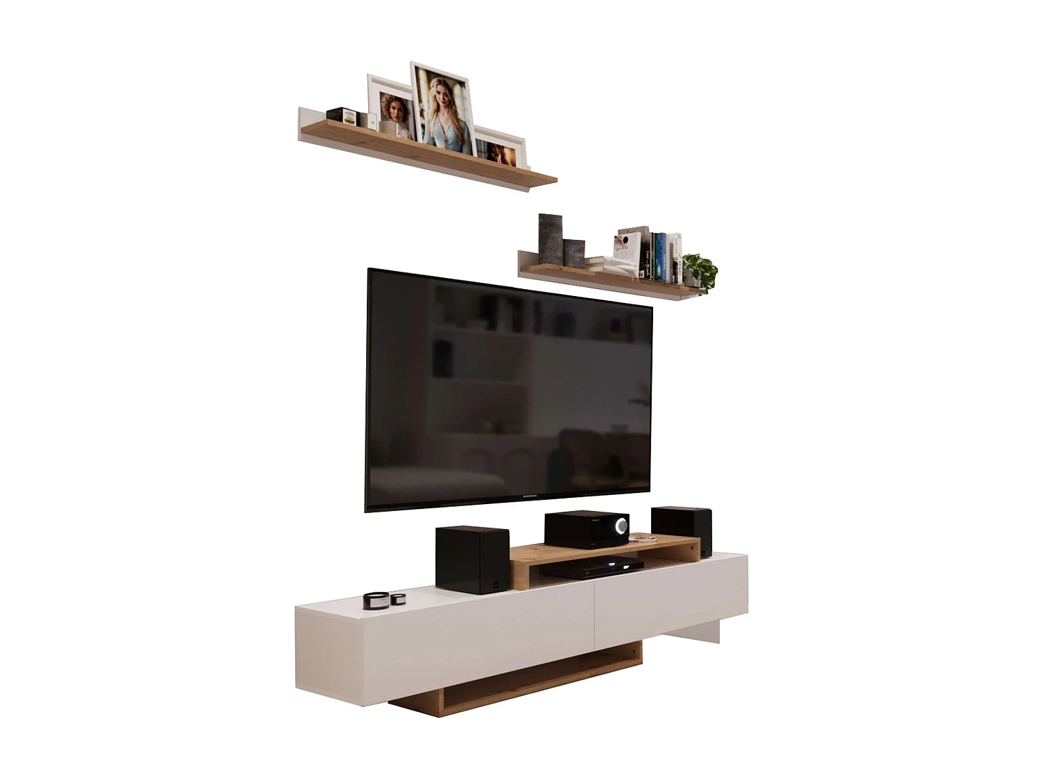 Meuble TV de salon Opole avec 2 portes pliantes, blanc et chêne clair, 180 cm