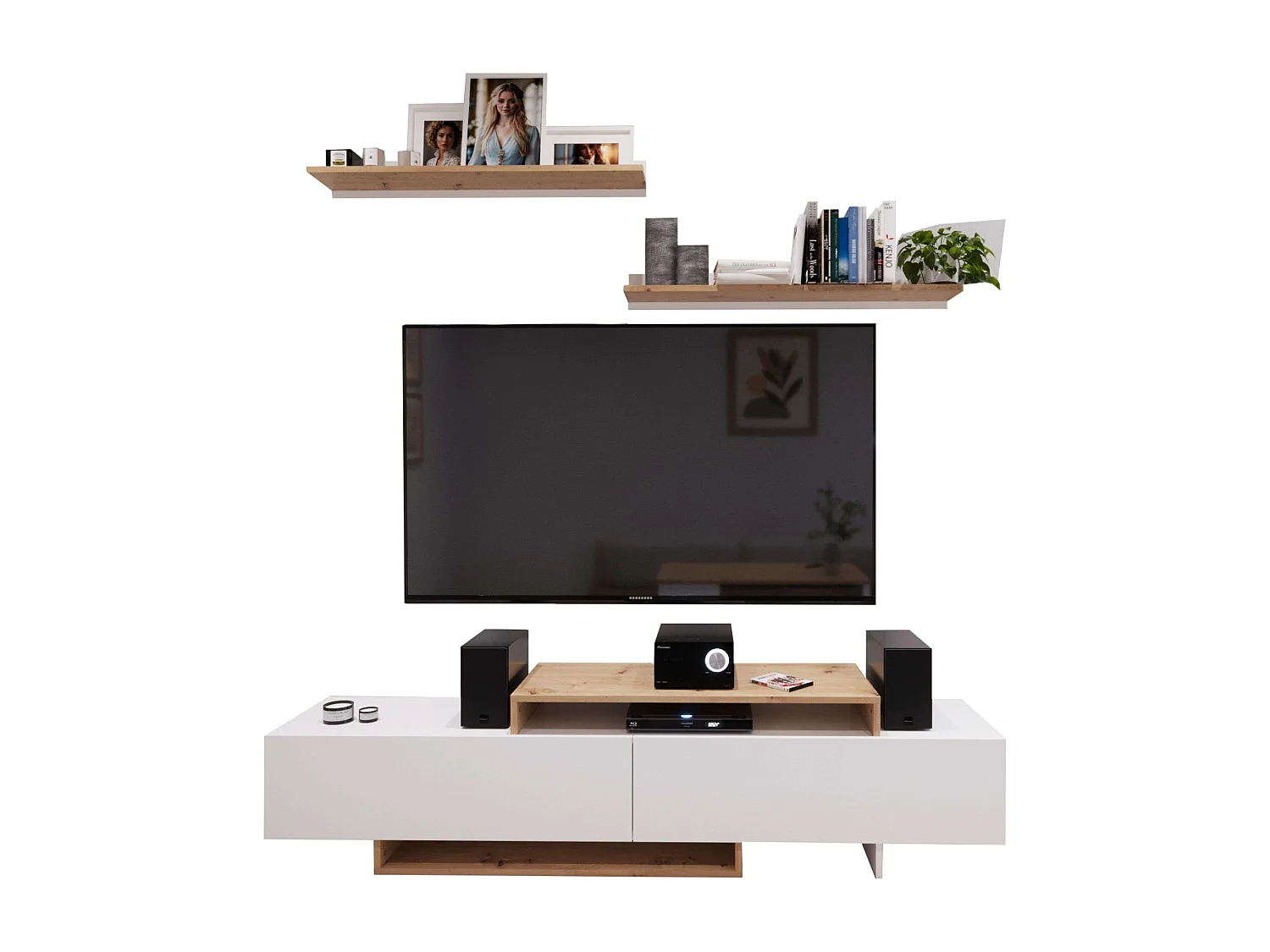 Meuble TV de salon Opole avec 2 portes pliantes, blanc et chêne clair, 180 cm