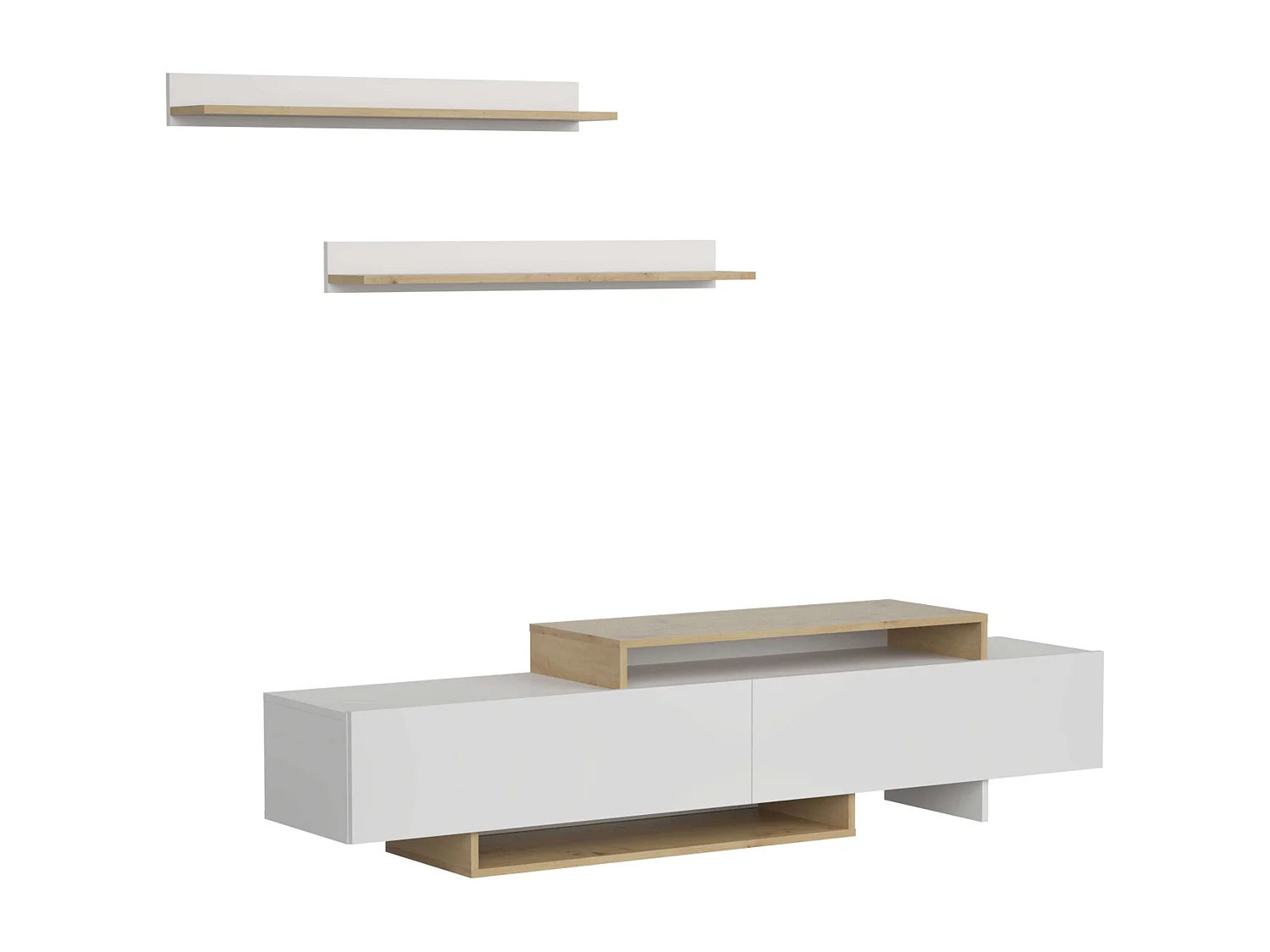 Meuble TV de salon Opole avec 2 portes pliantes, blanc et chêne clair, 180 cm