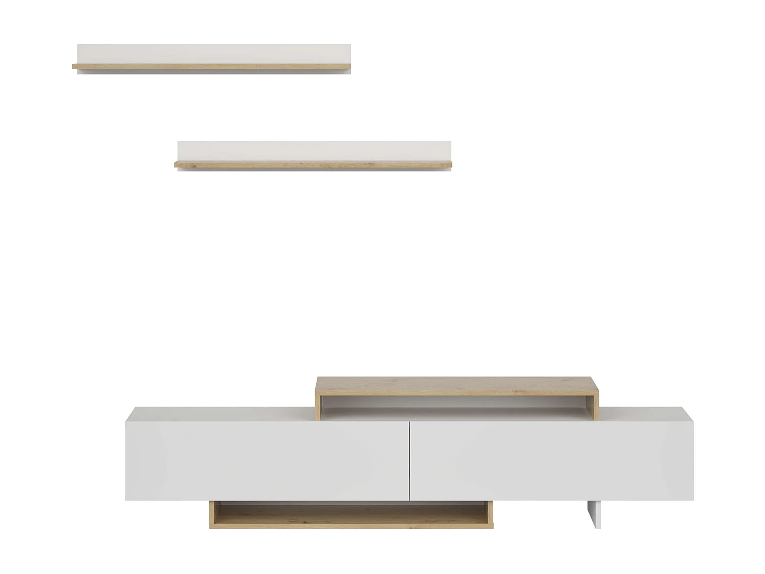 Meuble TV de salon Opole avec 2 portes pliantes, blanc et chêne clair, 180 cm