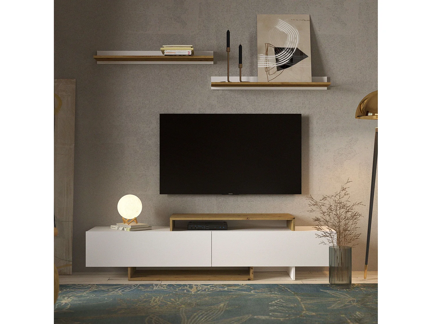 Meuble TV de salon Opole avec 2 portes pliantes, blanc et chêne clair, 180 cm