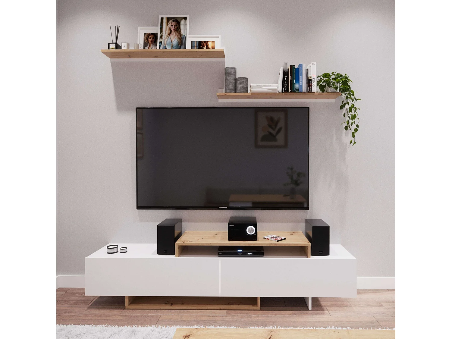 Meuble TV de salon Opole avec 2 portes pliantes, blanc et chêne clair, 180 cm