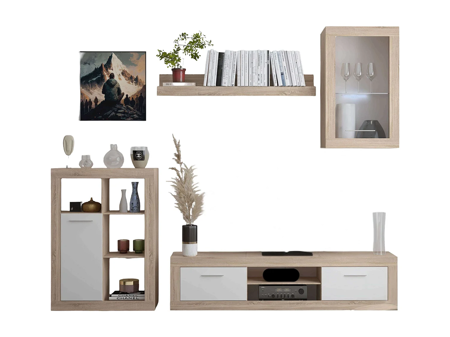 Meuble de salon moderne Fera Chêne Sonoma/Blanc 2 portes, 1 étagère 270 cm