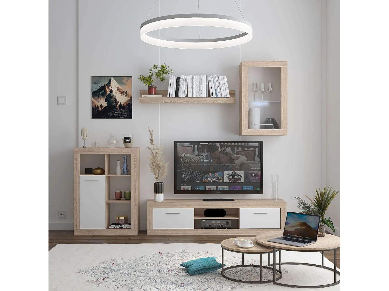 Meuble de salon moderne Fera Chêne Sonoma/Blanc 2 portes, 1 étagère 270 cm